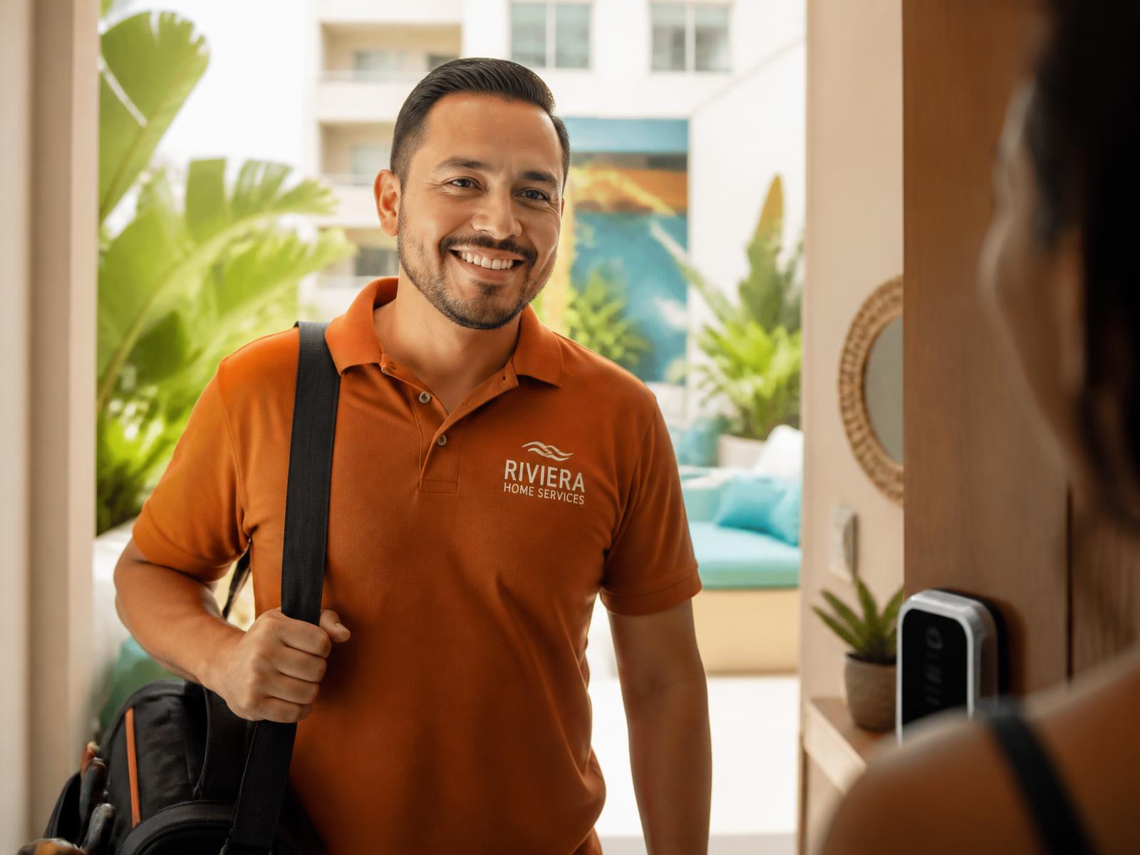 Un technicien souriant accueilli à la porte d'un appartement à Playa del Carmen