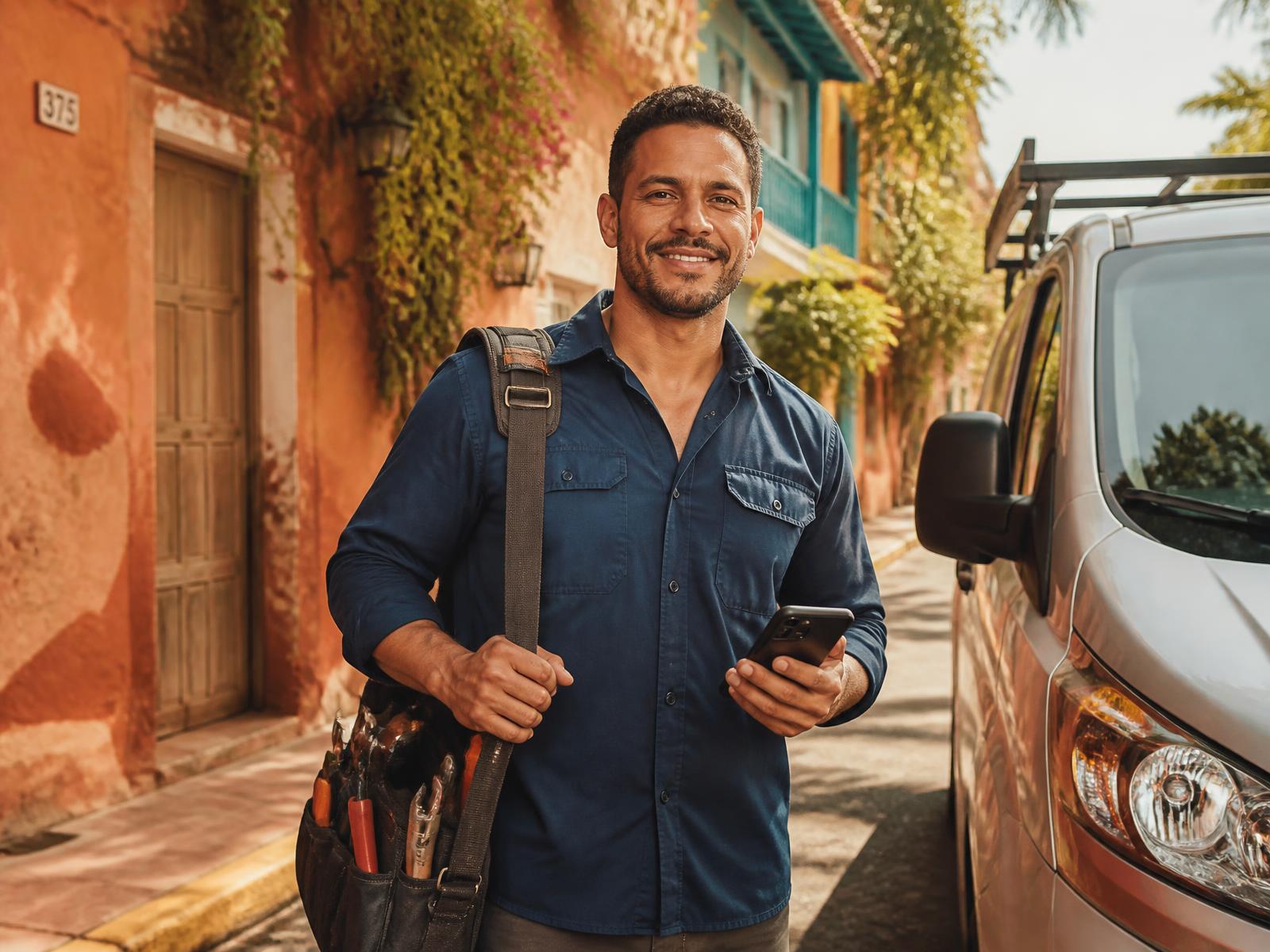 Un artisan indépendant avec son téléphone devant sa camionnette