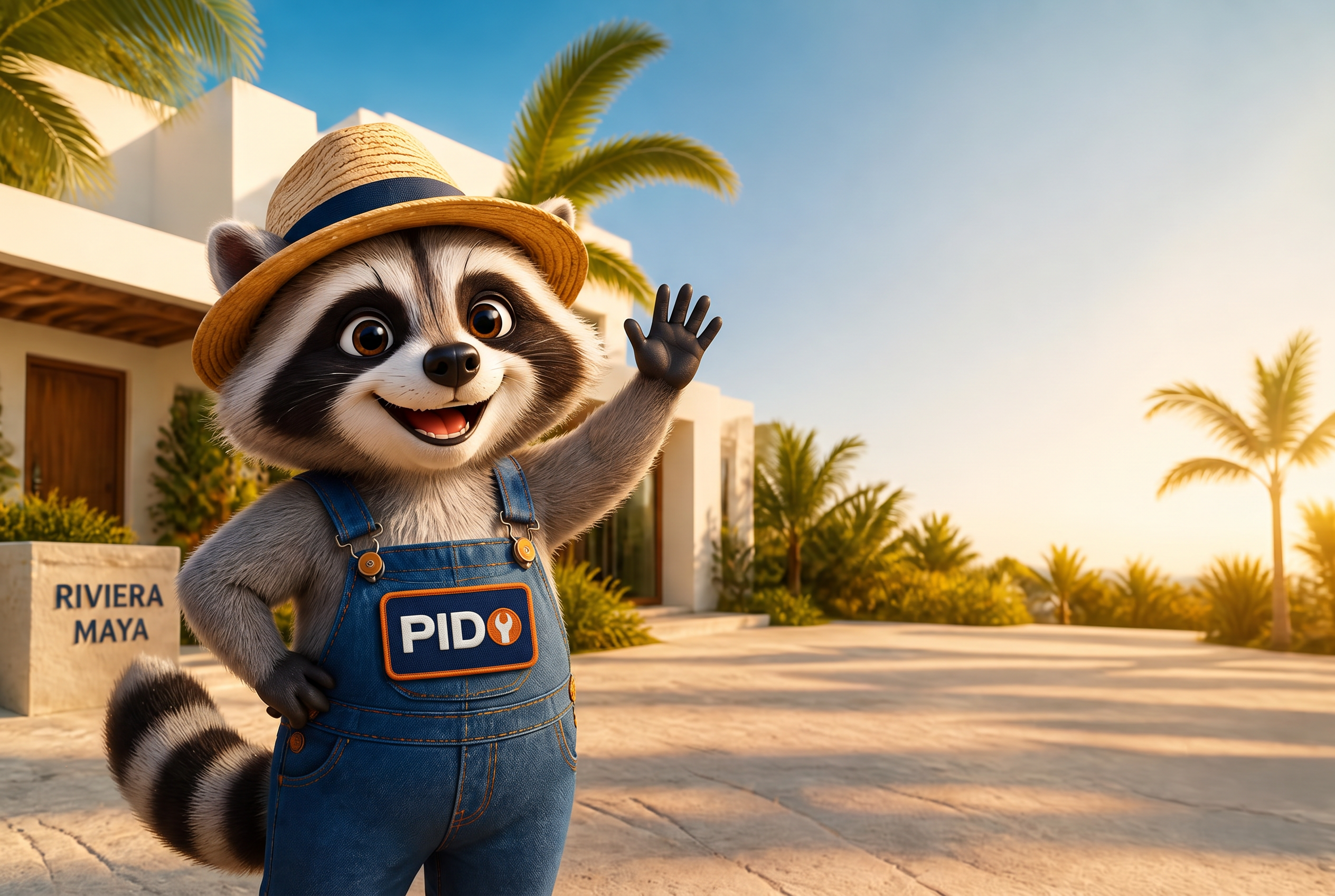 Pido, la mascotte raton laveur de PIDO, devant une maison de Playa del Carmen